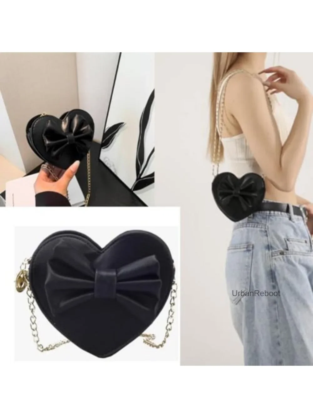 Heart Shaped Crossbody Purse Mini Leather Chain Bow Shoulder Bag